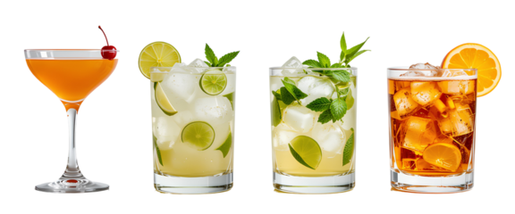 four different cocktail drinks like lemonade isolated on transparent background 
