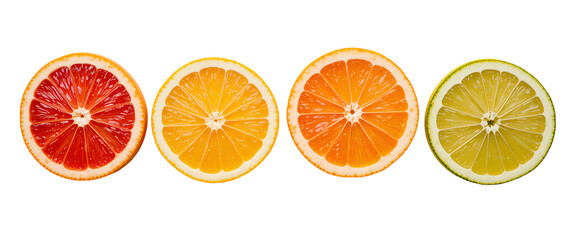 Obraz premium Four citrus slices arranged horizontally isolated on transparent background 