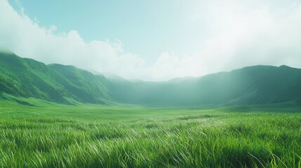 Obraz premium Serene Green Valley Landscape with Rolling Hills and Grassland Under a Sunny Sky