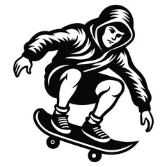 Skateboarder Vector Illustration, White Silhouette, Action Sport, Skateboarding Stunt