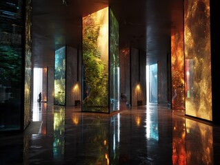 Fototapeta premium Luminous pillars illuminate a vast hall, reflecting off the polished floor, creating an immersive art experience within a modern space.
