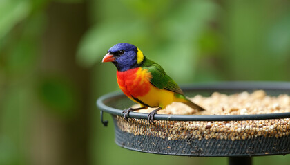 Obraz premium Vibrant Colorful Bird Perched on Feeder in Sunny Garden