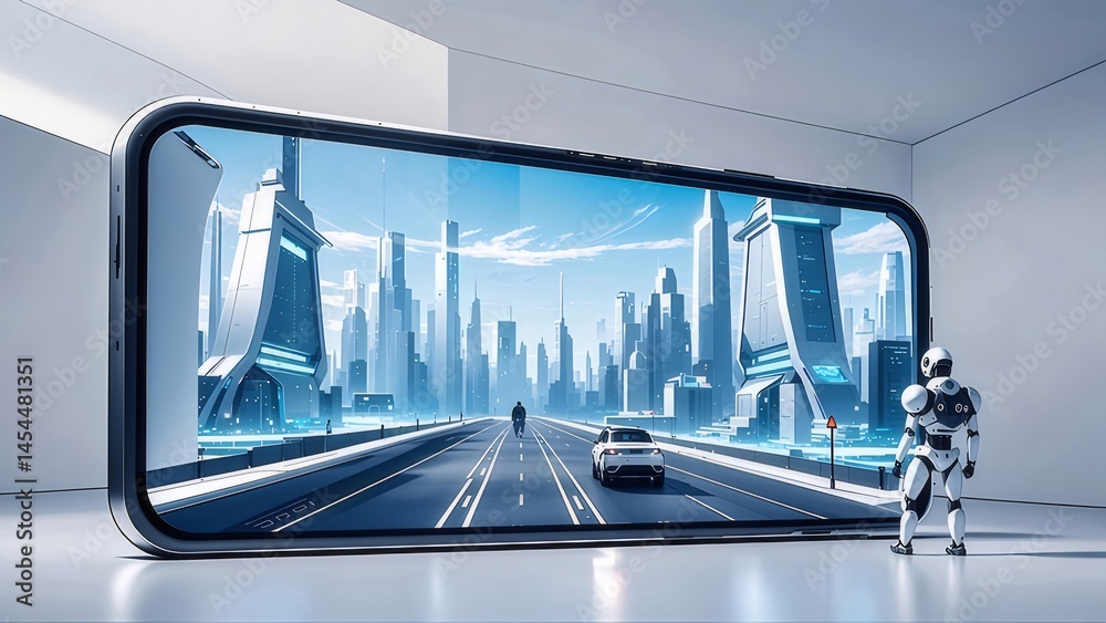 Poster スマートフォンディスプレイの未来都市の風景とロボットのそばに車が走行