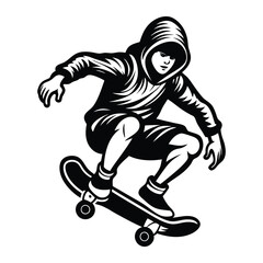 Skateboarder Vector Illustration, White Silhouette, Action Sport, Skateboarding Stunt