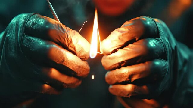 Person is holding a lit cigarette between their fingers. Concept of danger and recklessness, as smoking is known to be harmful to one's health