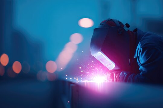 welder intensively working on metal constructions with vibrant neon colors illuminating background