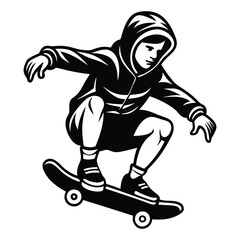 Skateboarder Vector Illustration, White Silhouette, Action Sport, Skateboarding Stunt