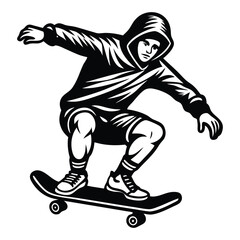 Fototapeta premium Skateboarder Vector Illustration, White Silhouette, Action Sport, Skateboarding Stunt