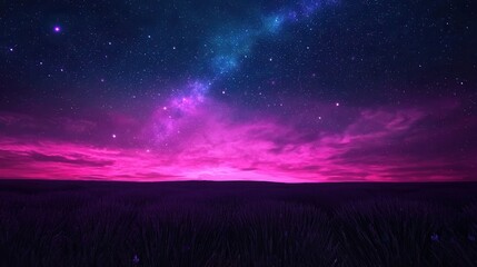 Obraz premium Serene Night Sky over Purple Field Starry Galaxy Above
