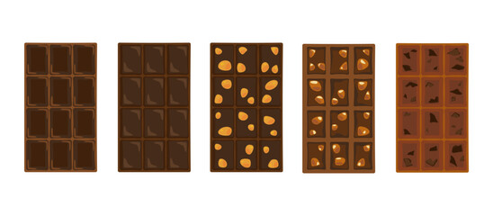 Bakery and fresh pastries set. Collection of homemade chocolate bars, cocoa, nuts, almonds, sweets, and assortments. Bakery and shop. Flat vector illustration elements. Isolated. White background.
