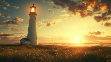 Seascape Sunset with Lighthouse Guiding Light