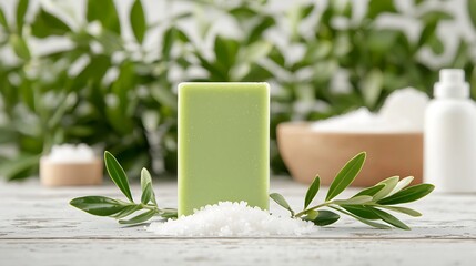 Green Olive Soap with Sugar Scrub on White Wooden Background