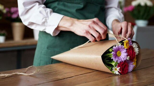 Florist Wrapping Colorful Flower Bouquet