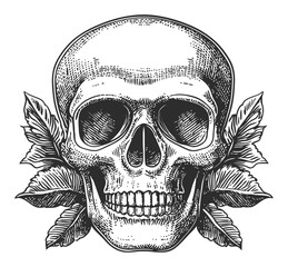 Obraz premium Vintage Skull Illustration with Leaf Decoration in Detailed Line Art Style