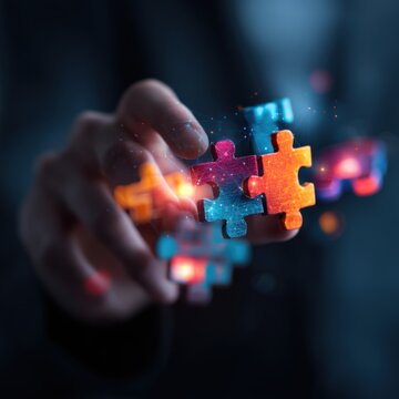 Businessman joining puzzle pieces representing problem solving and teamwork