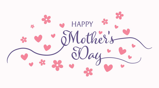 Purple Script Mother's Day Typography with Hearts on Soft Pink Background