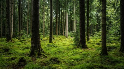Enchanting woodlands scenery with lush moss and towering trees trunks