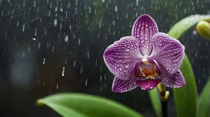 Orchid and rain drops in the foreground in this blurred image