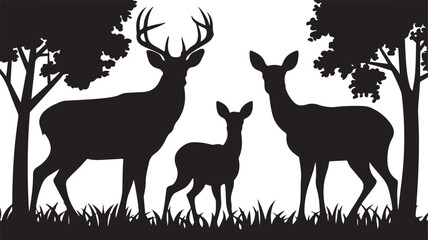 Silhouetted woodland scene with wild deer including male female and roe deer shown among tall forest trees in black on white background for rustic or nature inspired artwork