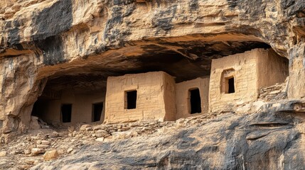 Ancient earthen structures in rocky outcrop