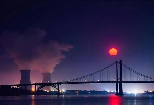 Nighttime landscape featuring a suspension bridge power plant and a glowing red sun