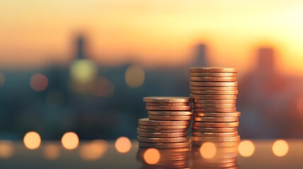 Stacked coins with city skyline in the background
