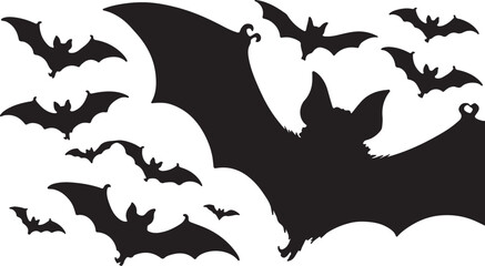 Naklejka premium Black and white Halloween themed illustration showing bats in mid flight with one large bat baring its sharp teeth on a white background for spooky or seasonal design