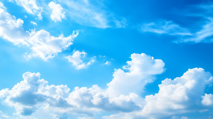 Obraz premium Sky above showcases a beautiful vista of fluffy, white clouds scattered across a bright blue atmosphere.