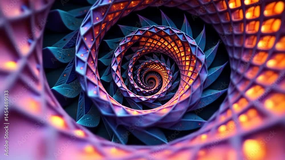 Poster mesmerizing purple and orange spiral with glowing lights creates an infinite tunnel effect.