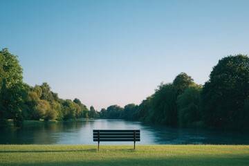 Obraz premium empty park bench facing serene pond in green park casting long shadows in early morning light