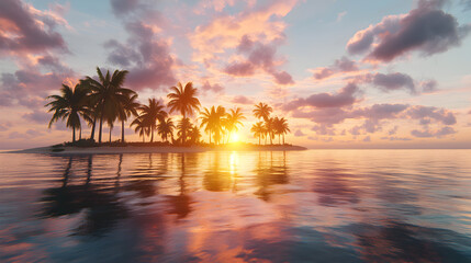 Tropical sunset over the ocean with silhouetted palm trees on the beach