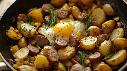 Hearty skillet breakfast featuring potatoes, sausage, and a sunny-side-up egg