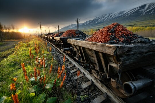 Sunset Over Mountain Range with Ore Train