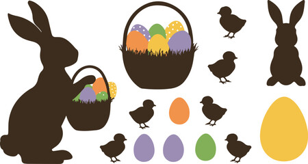 Silhouette set of an Easter rabbit character standing proudly on a carrot and wearing a stylish top hat designed in black against a white background for festive themes