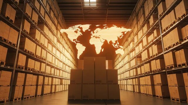 A warehouse filled with stacked boxes features a glowing world map projected on the wall, indicating global logistics operations