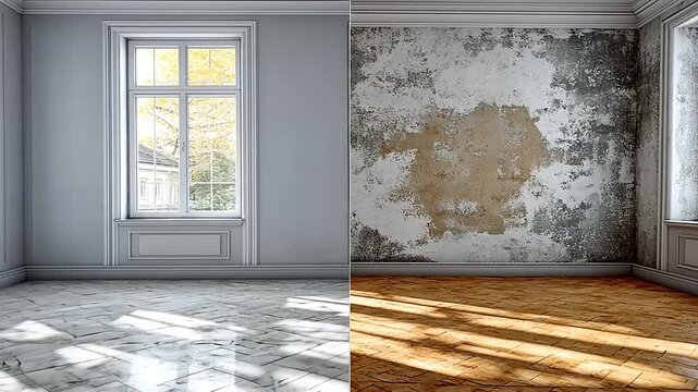 Renovated room before and after.  A comparison of a room's state of repair, highlighting the difference between a damaged and a renovated interior