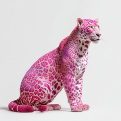 Naklejka premium Pink leopard sitting and looking up on white background