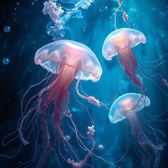 Naklejka premium Glowing Jellyfish Underwater Background with Blue Light