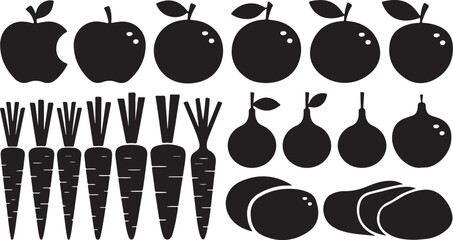 A bold black and white illustration featuring an assorted collection of fruit and vegetable silhouettes including apples oranges grapes and carrots in a healthy food theme
