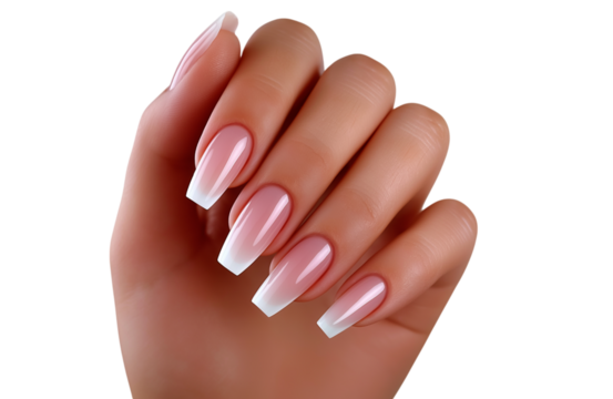 Hand with perfect french fade ombre gradient manicure on transparent background