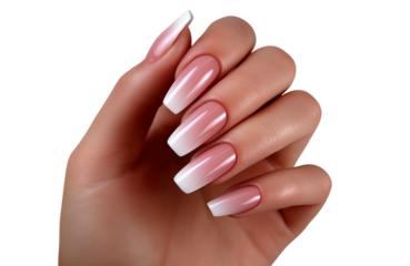Hand with perfect french fade ombre gradient manicure on transparent background