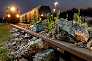 Freight Train Passing Through Rocky Landscape at