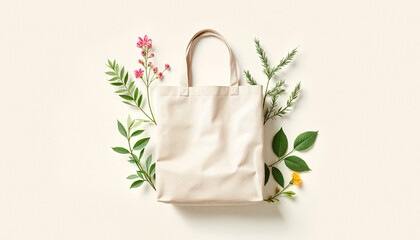 A simple Eco beige canvas tote bag surrounded by various green branches and small flowers on a light background