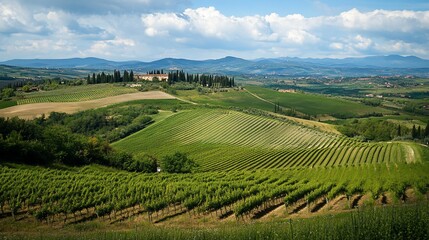 Fototapeta premium Picturesque Tuscan Vineyard Landscape with Rolling Hills and Cypress Trees