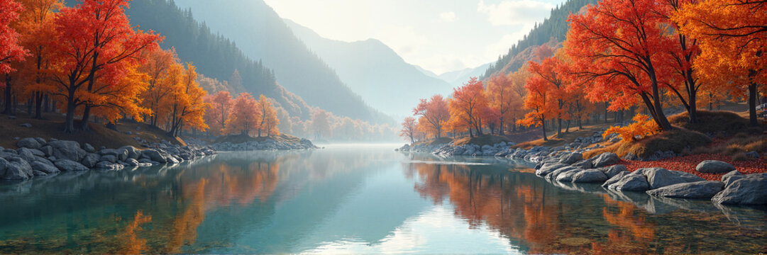 A serene mountain river reflecting vibrant autumn trees in amber and red hues, surrounded by rocky banks, peaceful nature concept. Travel or vacation advertising banner