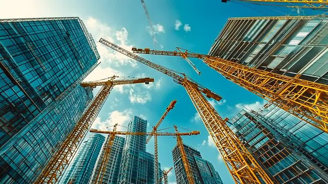 Modern city construction.  Towering cranes against a backdrop of skyscrapers,  reaching towards a clear blue sky