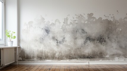 A white wall with a large, dark, abstract, splattered pattern of black and gray paint, with a white radiator and a potted plant on the left side.