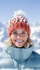 A smiling woman in a coral knit hat and puffy jacket against a snowy mountain backdrop