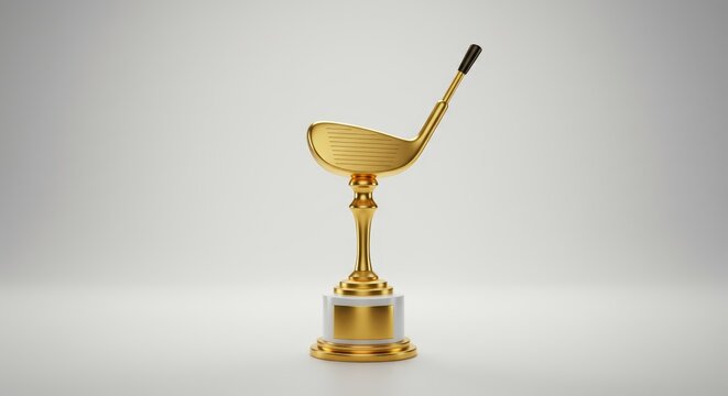 Gleaming Golden Golf Club Trophy Displayed on a White and Gold Pedestal
