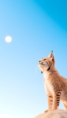 Obraz premium A young desert lynx sits, gazing at the moon in a clear, blue sky